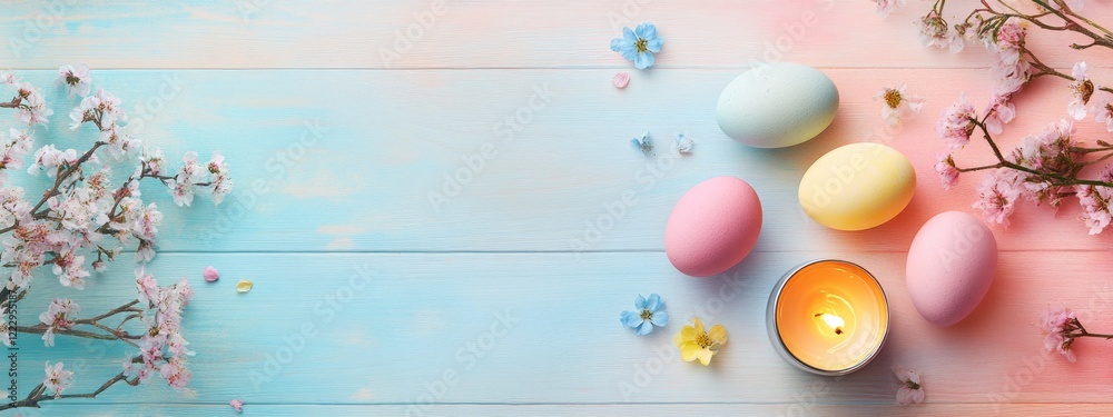 Poster easter flat lay featuring pastel dyed eggs, tealight holder and spring flowers on a soft gradient ba