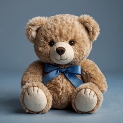 Fototapeta premium The teddy bear has large round eyes, a stitched smile, and a small red bowtie around its neck. Its paws are detailed with lighter-colored pads 