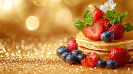 Healthy bridal celebration breakfast featuring pancakes garnished with fresh blueberries, strawberries, mint, and flowers on a golden glitter backdrop