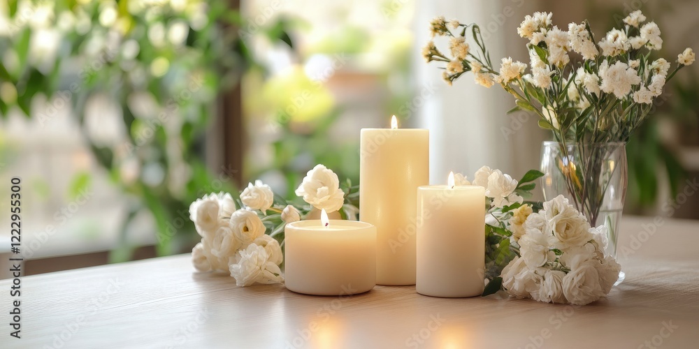 Poster cozy dining table setup featuring candles and flowers with natural light and ample copy space for pr