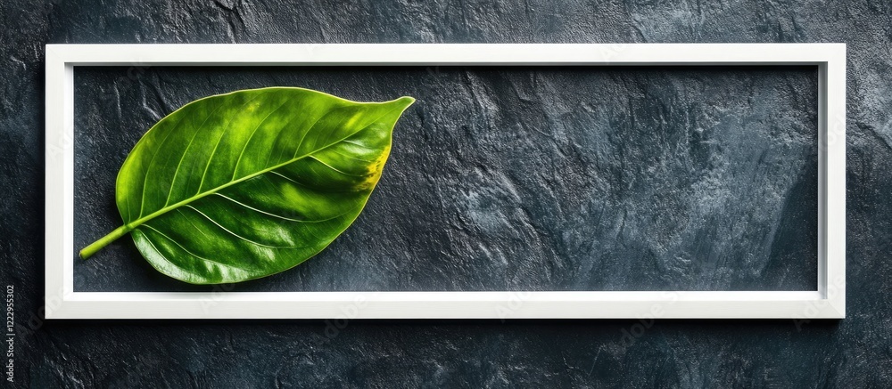 Poster Green Leaf Texture in White Frame on Dark Surface with Empty Space for Text Ideal for Tropical or Nature Inspired Designs