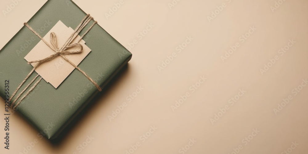 Poster Elegant gift box wrapped in green with blank tag and twine on neutral background for customizable text or branding purposes