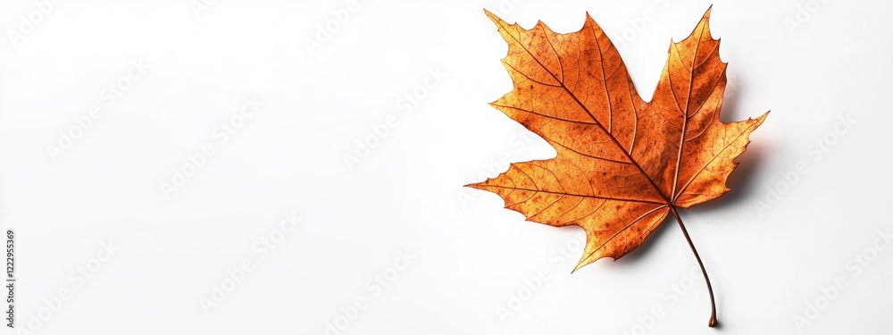Poster dried autumn maple leaf on white background with ample space for text highlighting the beauty of fal