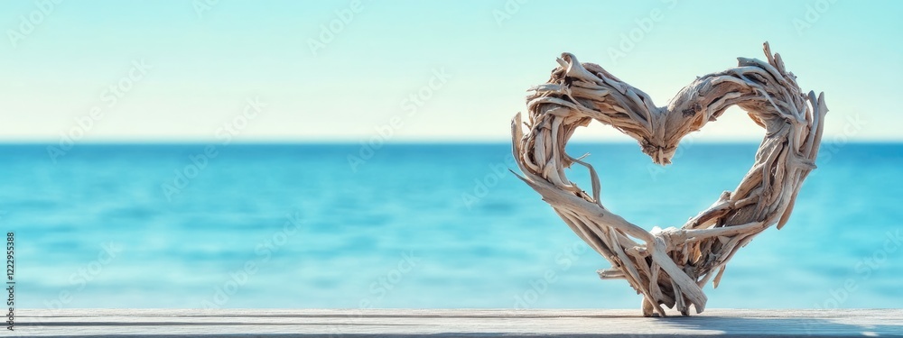 Aufkleber Driftwood Heart Spa Relaxation with Serene Ocean View and Empty Space for Tranquil Text Integration