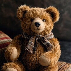 The teddy bear has large round eyes, a stitched smile, and a small red bowtie around its neck. Its paws are detailed with lighter-colored pads 