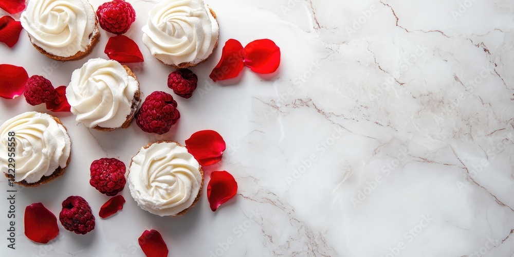 Aufkleber Elegant dessert display featuring cupcakes and raspberries surrounded by rose petals on a marble surface with ample space for text customization.