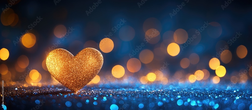Poster festive abstract glitter backdrop with heart-shaped bokeh and light flares, featuring a magical atmo