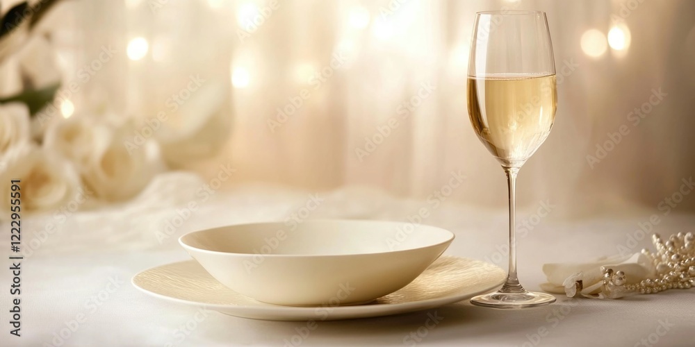 Poster sophisticated dining setting with elegant dishes and champagne toast amidst softly lit backdrop idea