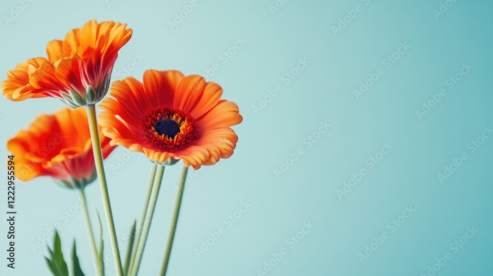 Poster vibrant close up of red and orange flowers on stems against a soft blue background with ample copysp