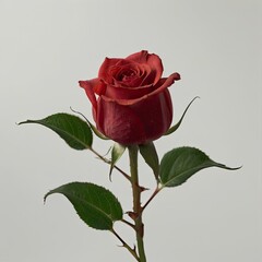 long green stem with detailed thorns, and a pair of fresh green leaves near the base of the flower. Isolated on a transparent background."
