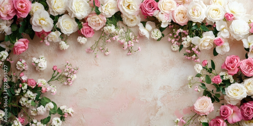 Poster elegant floral wedding arch featuring white and pink roses with delicate greenery and ample empty sp