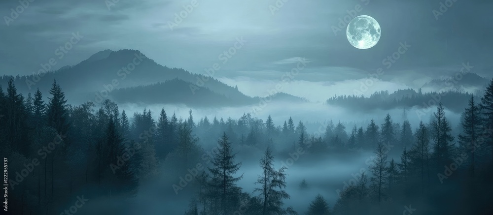 Poster Misty moonlit forest landscape with detailed evening atmosphere and half moon over mountain range featuring dawn fog and empty text space