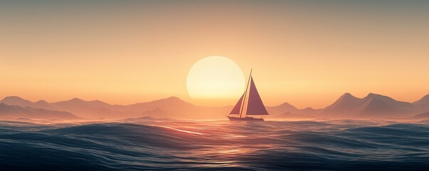 Fototapeta premium A serene sunset scene with a sailboat gliding across gentle waves, surrounded by distant mountains, creating a tranquil atmosphere.