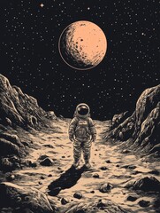 Obraz premium Astronaut Standing on Alien Landscape Beneath Starry Sky
