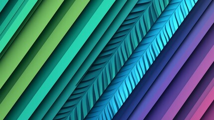 Obraz premium A vibrant, abstract design featuring layered stripes in various shades of green, blue, and purple, creating a dynamic visual effect.
