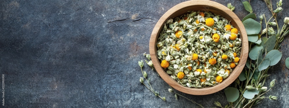 Poster Dried chamomile and eucalyptus leaves in wooden bowl on dark rustic background with empty space for copy or text placement