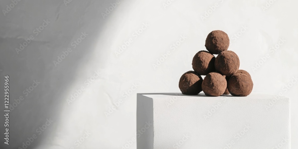 Poster Elegant arrangement of delectable chocolate truffles on a minimalist pedestal with ample negative space for custom text or branding