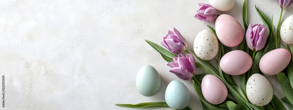 Poster Easter eggs in pastel colors with purple tulips on a light background creating a serene setting with space for text or messaging