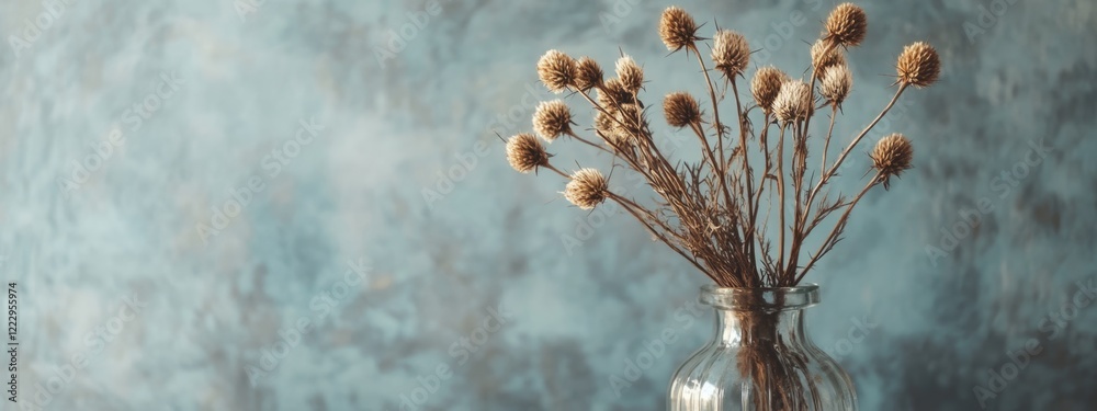 Poster dried thistle flowers in a vintage glass vase against a textured background with ample space for tex