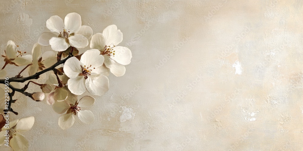 Poster Elegant floral composition on soft textured background with generous negative space ideal for adding text or promotional content.