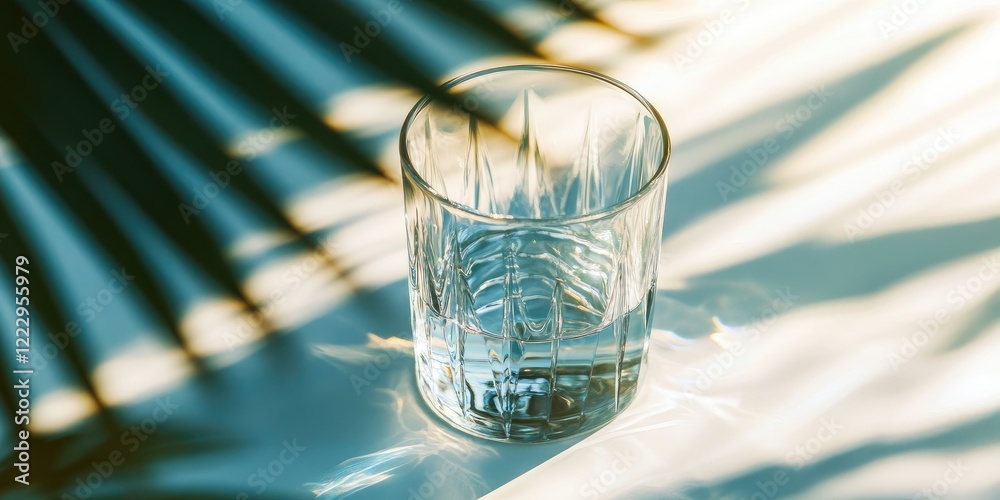 Aufkleber Crystal Glass on Soft Light Background with Tropical Leaf Shadows and Empty Space for Text or Branding