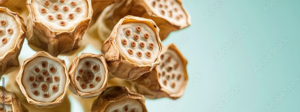 Poster Dried lotus seeds displayed against a soft green background with ample copy space for text and design elements