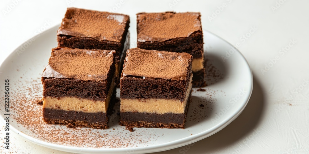 Poster elegant layered fudge brownies on a plate with empty space for text or branding in a gourmet dessert