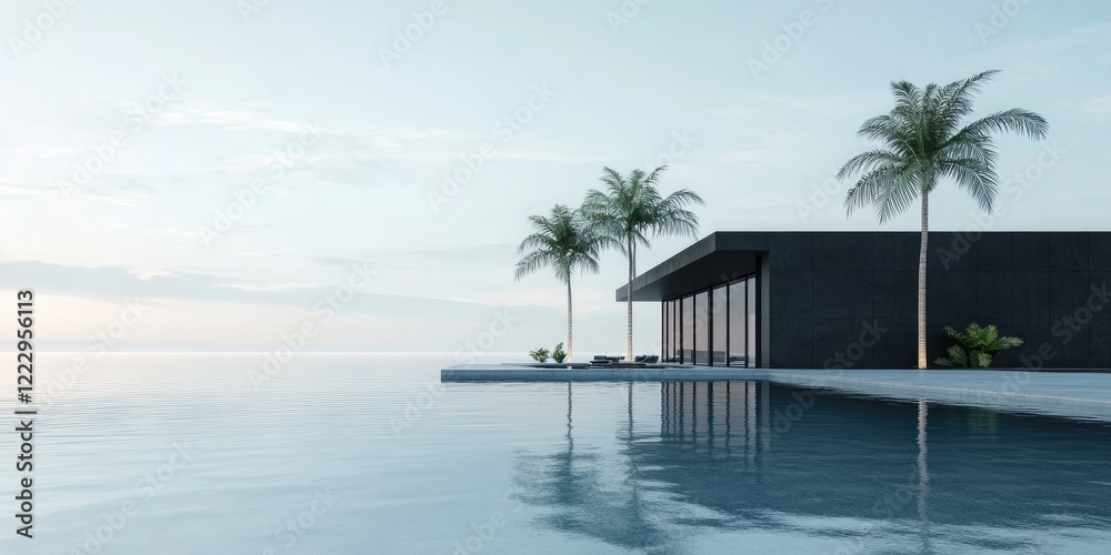 Poster contemporary luxury house by tranquil lagoon with palm trees and ocean view offering serene atmosphe