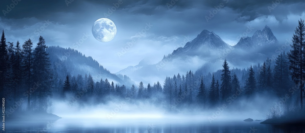 Poster misty moonlit forest landscape with hauntingly beautiful half moon over mountain range and serene wa
