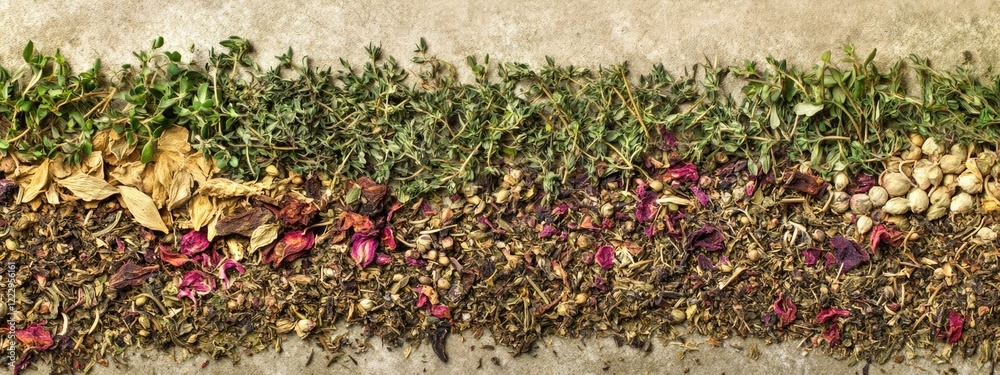 Aufkleber dried and fresh herbs arrangement with empty space for text ideal for culinary and herbal tea themes