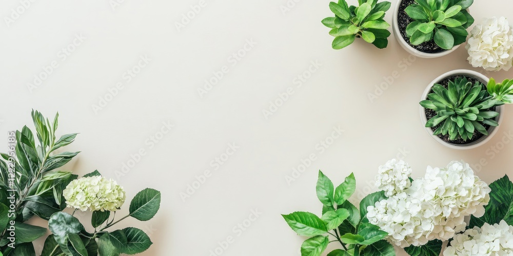 Poster Elegant flat lay composition of potted plants and white flowers on neutral background with ample empty space for text placement.