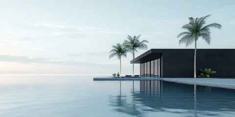 Fototapeta premium Contemporary luxury house by tranquil lagoon with palm trees and ocean view offering serene atmosphere and ample space for text placement