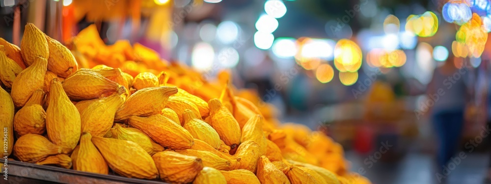 Poster Dried pawpaw fruit displayed at night market with colorful lights and empty space for text in the background