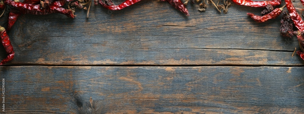 Poster dried chili peppers arranged on a rustic wooden surface with natural lighting and ample empty space 