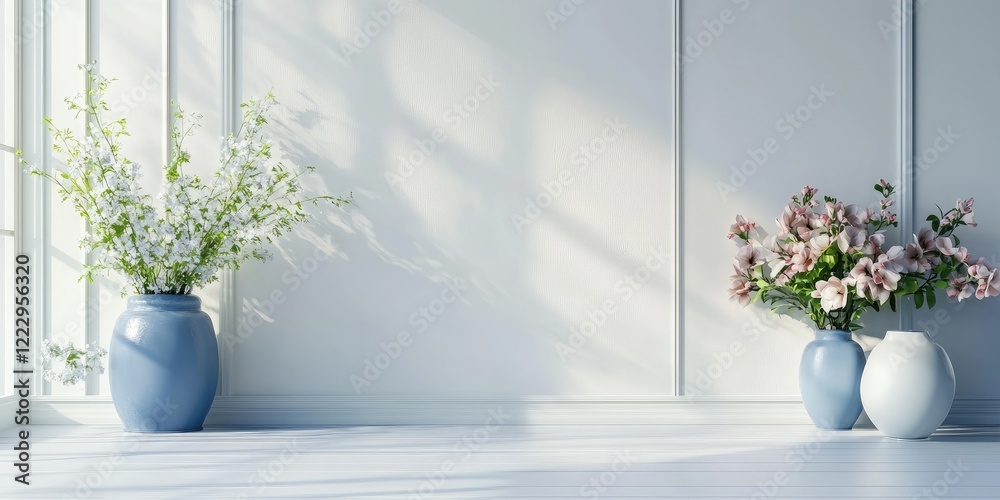Poster elegant floral arrangements in blue vases on minimalist white wall and floor with ample copy space f