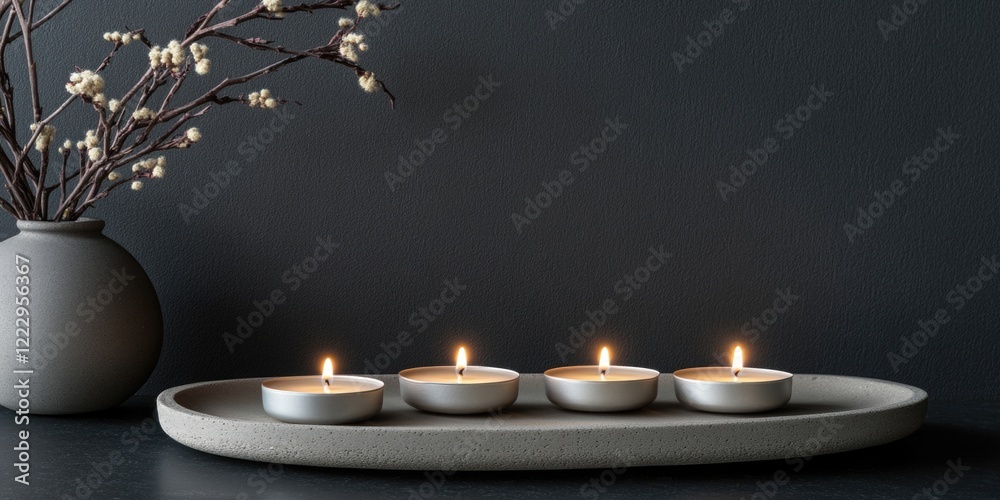 Aufkleber elegant arrangement of four tapered candles on dark surface with decorative vase and copy space for 