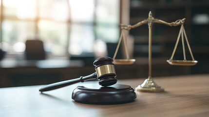Close up of a gavel on a wooden courtroom table with blurred scales of justice in the background and ample space for text insertion