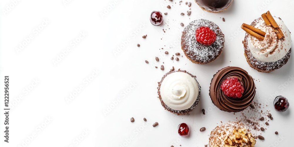 Poster assorted gourmet desserts on a white background with empty space for text showcasing luxurious treat