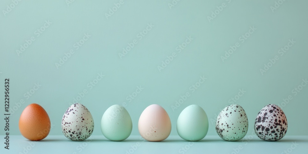 Poster Elegant decorative eggs arranged on soft mint green background with ample copy space for personalized text or messaging