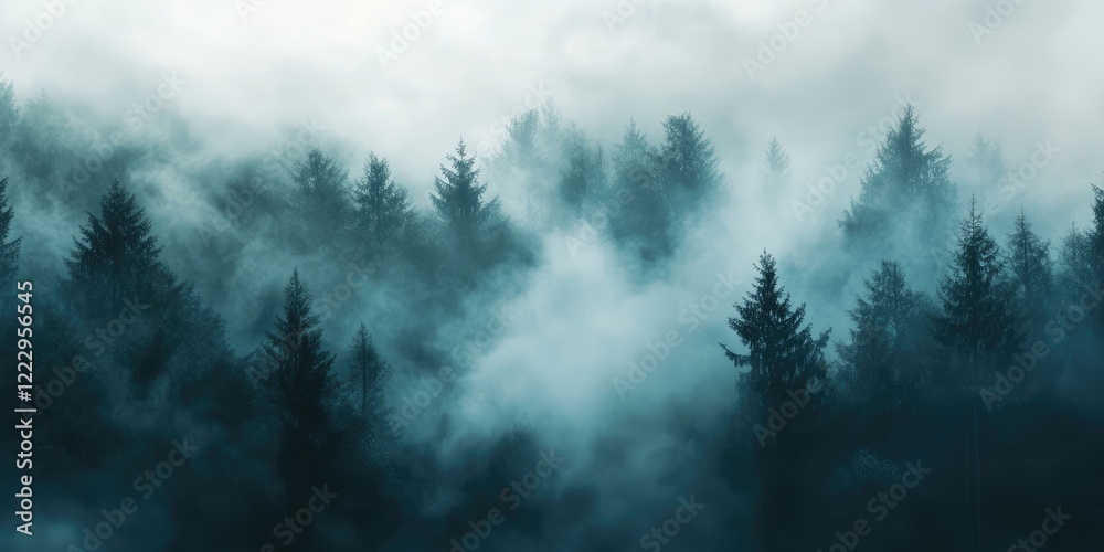 Poster Mysterious forest shrouded in mist with rising smoke creating an atmospheric backdrop perfect for adding text or graphic elements
