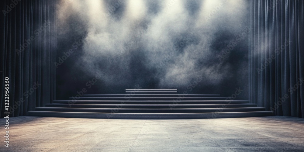 Aufkleber Elegant empty stage with concrete floor and foggy atmosphere ideal for presentations or dramatic performances with copy space for text