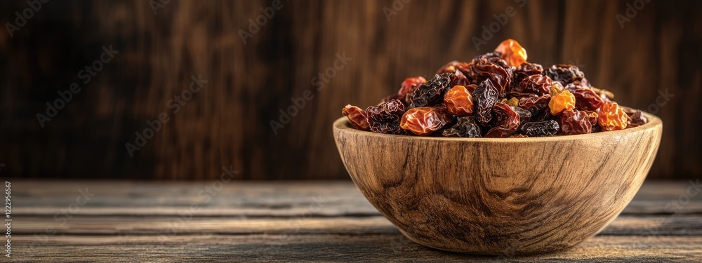 Poster Dried colorful peppers in a wooden bowl on a rustic table with ample blank space for text or promotional message