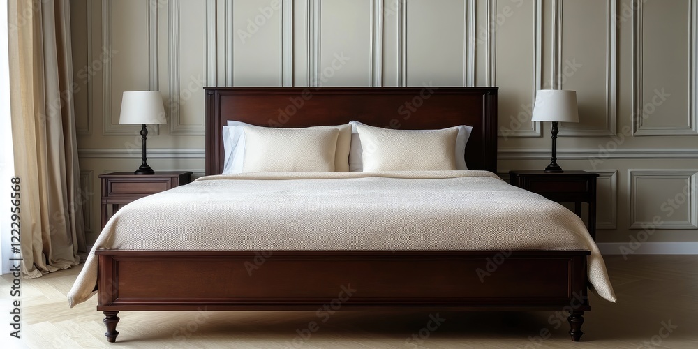 Aufkleber Elegant dark wood bed with cream sheets in a stylish bedroom setting featuring empty space for adding custom text or branding.