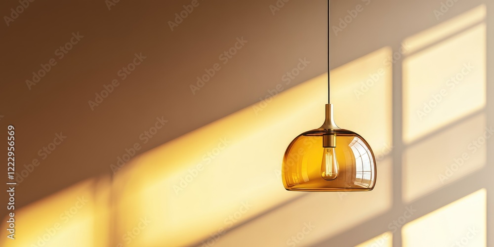 Poster stylish gold pendant lamp with warm orange tones illuminating a modern scandinavian home featuring s