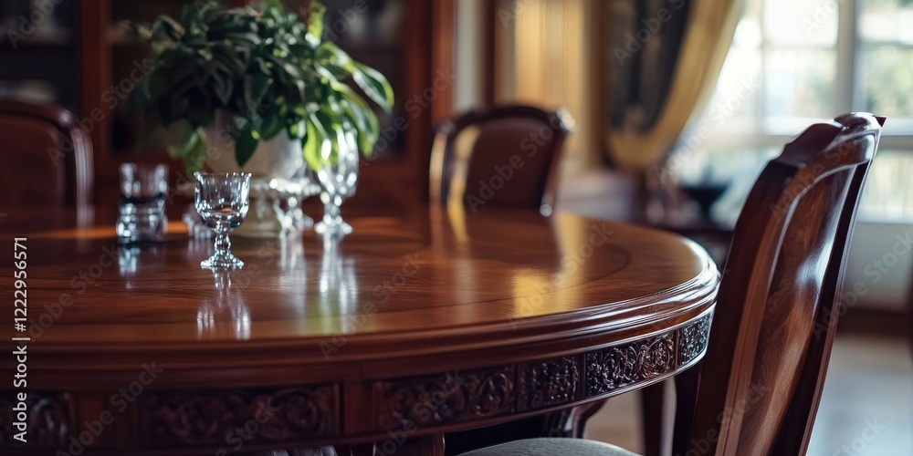 Poster sophisticated wooden dining table set with luxurious chairs and empty space for text in an elegant i