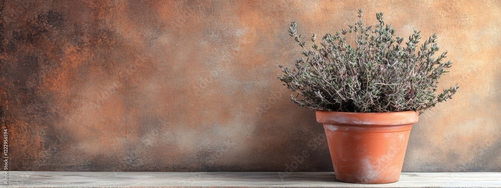Poster Dried Rosemary Plant in Terracotta Pot on Rustic Surface with Empty Space for Text Display