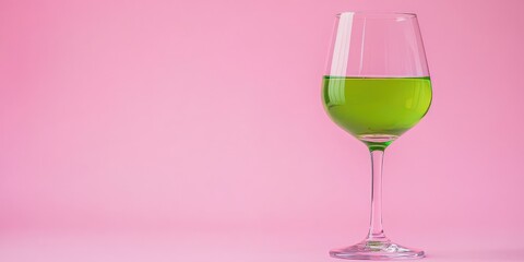 Elegant glass of green beverage on vibrant pink background with spacious empty area for customizable text or branding.