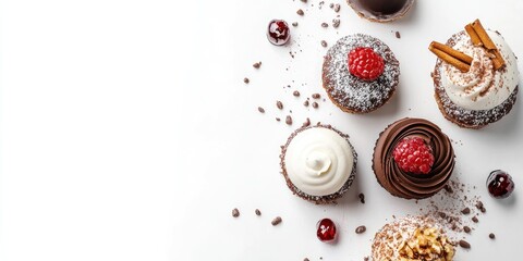 Assorted gourmet desserts on a white background with empty space for text showcasing luxurious treats and vibrant toppings.