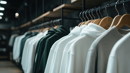 Fototapeta premium A contemporary apparel display features stylish hoodies hanging neatly on racks, showcasing a variety of colors and textures that reflect modern fashion trends.