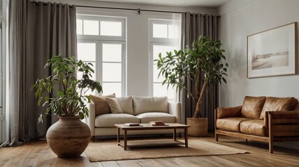 Potted Plants on Antique Cabinet in Bright Living Room